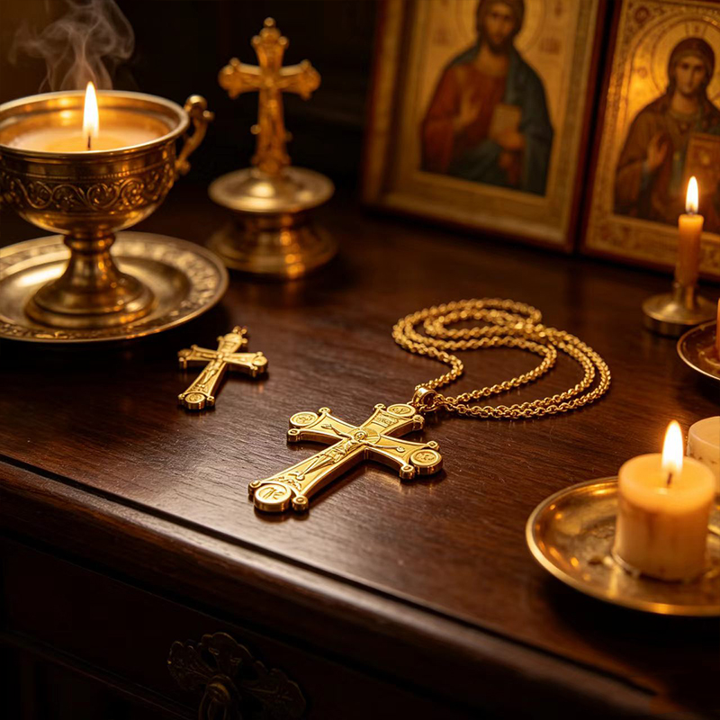 Cross Pendant Necklace Gold - قلادة صليب أرثوذكسي فاخرة مطلية بالذهب